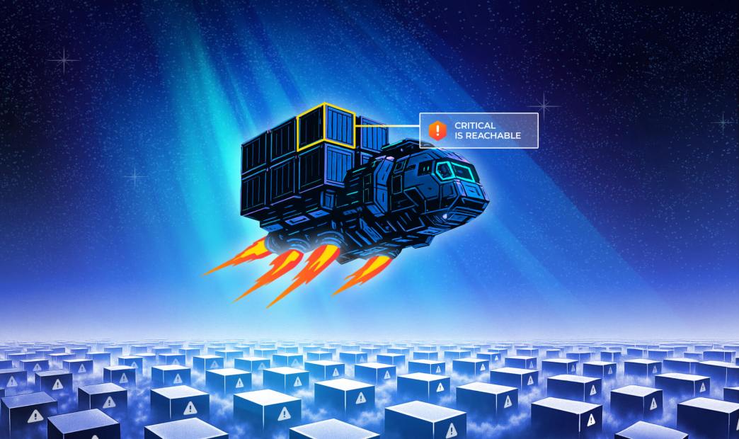 A stylized image of a spaceship hovering over containers with vulnerability risks