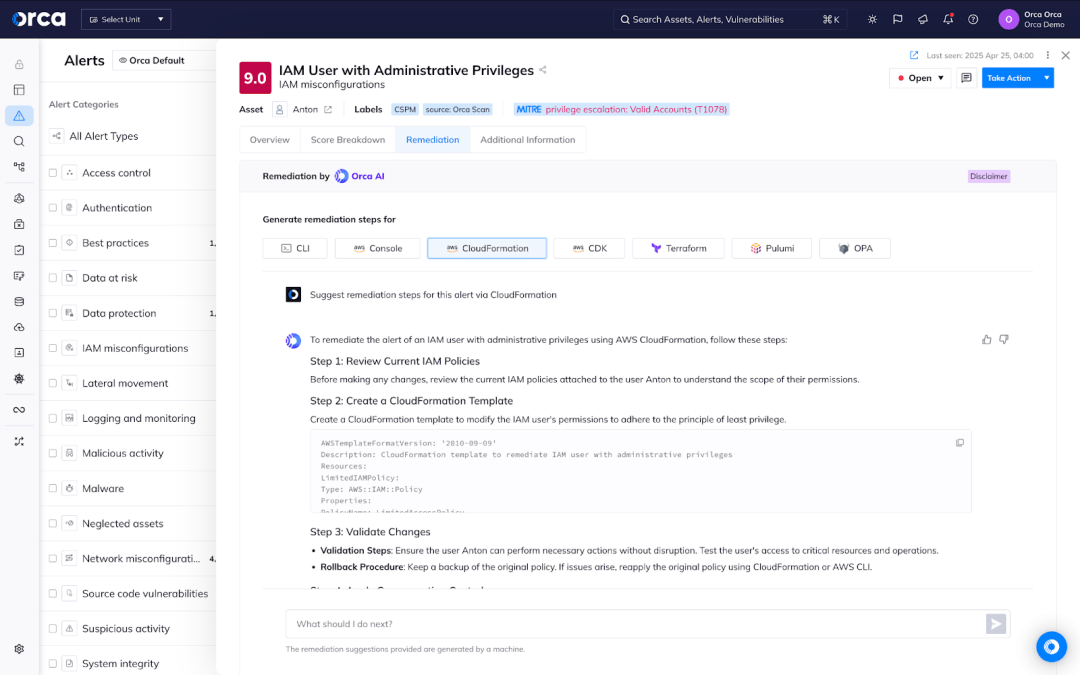 A screenshot of the Orca Platform's AI-driven remediation