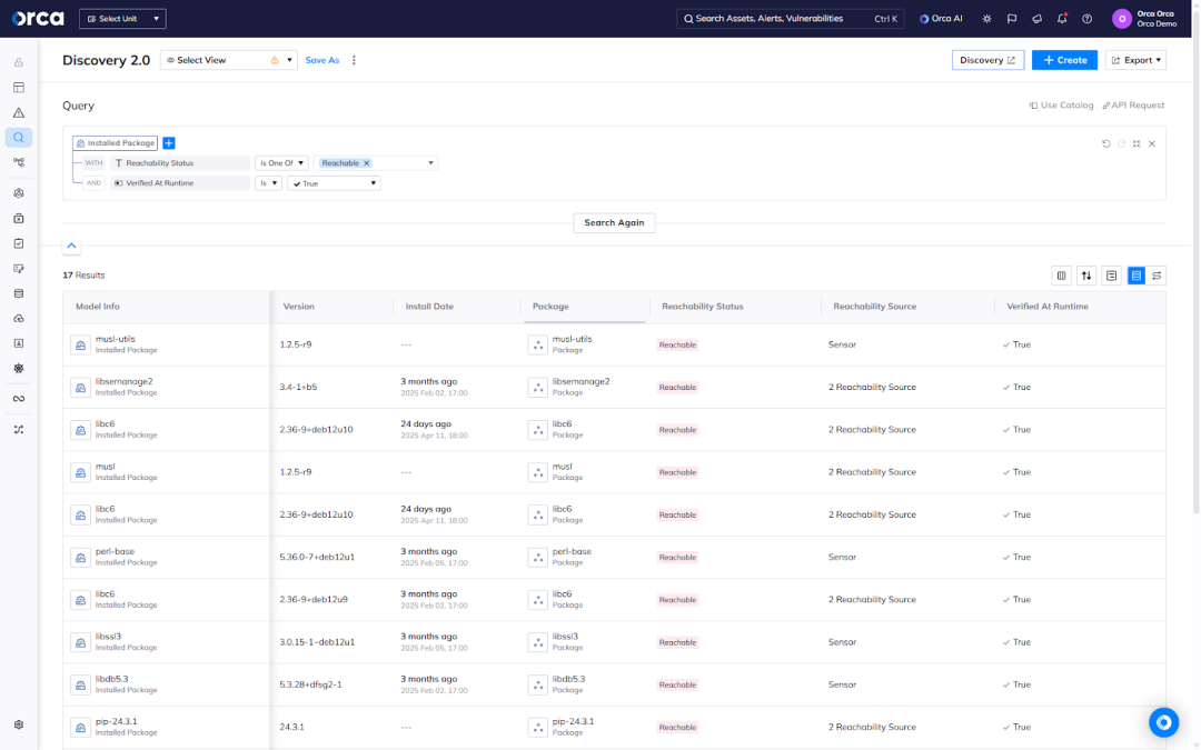 A screenshot of the Orca platform providing a full inventory of your vulnerable packages detected via reachability analysis