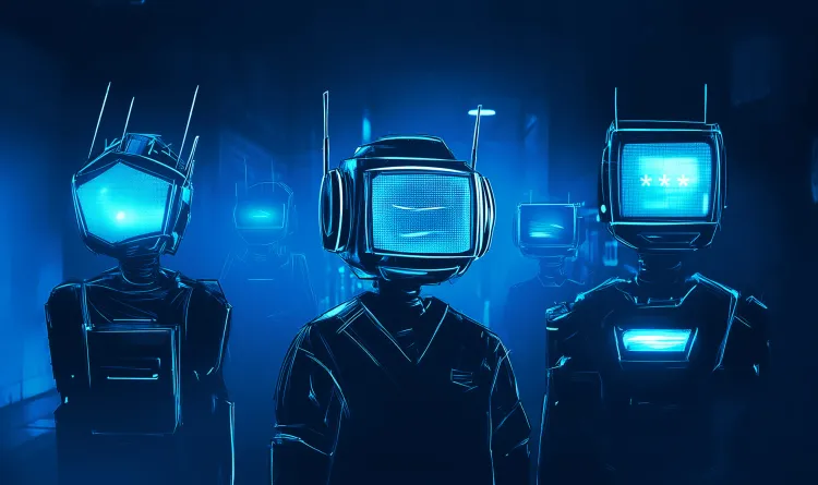 A stylized graphic depicting computers pretending to be humans