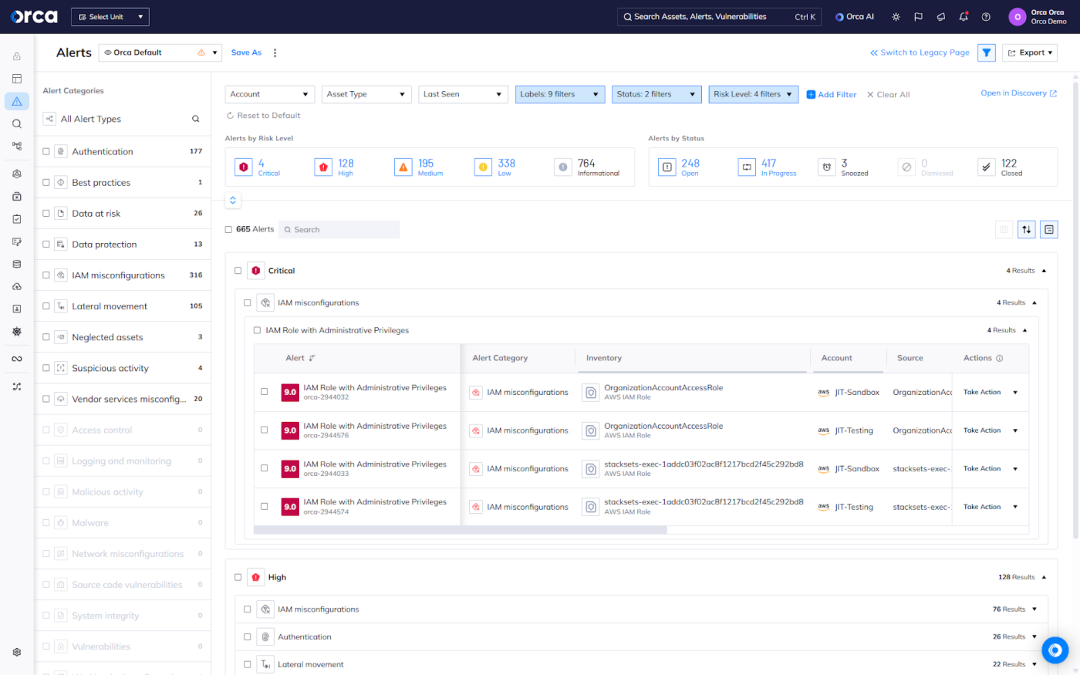 A screenshot of the Orca platform offering convenient filters for prioritizing NHI alerts