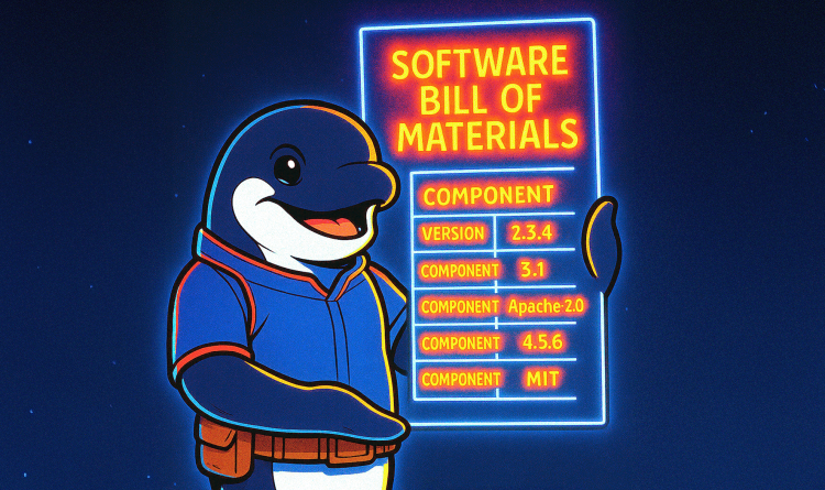 A stylized graphic of an orca whale holding a software bill of materials