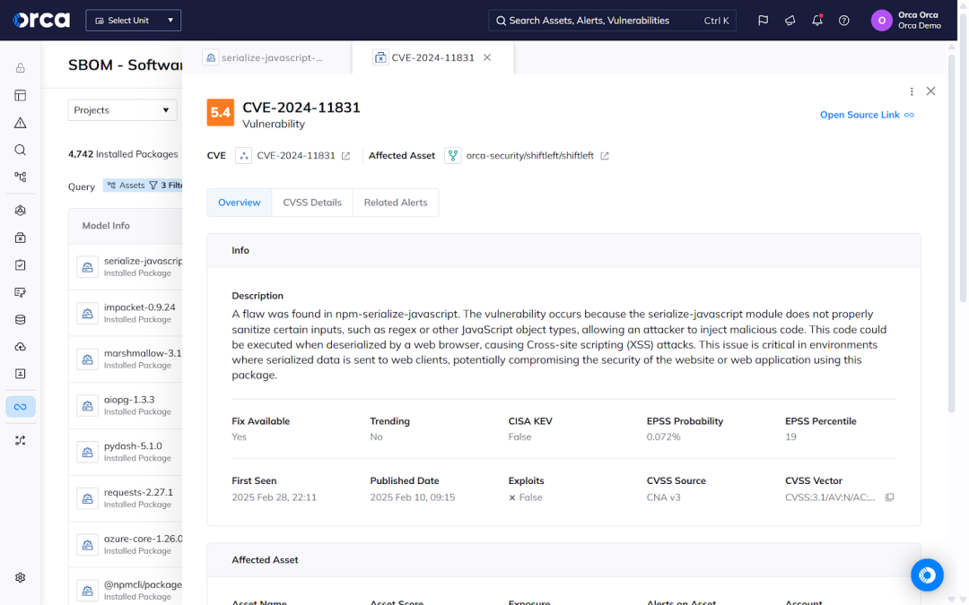 A screenshot of the Orca platform displaying details of vulnerabilities found on an installed package