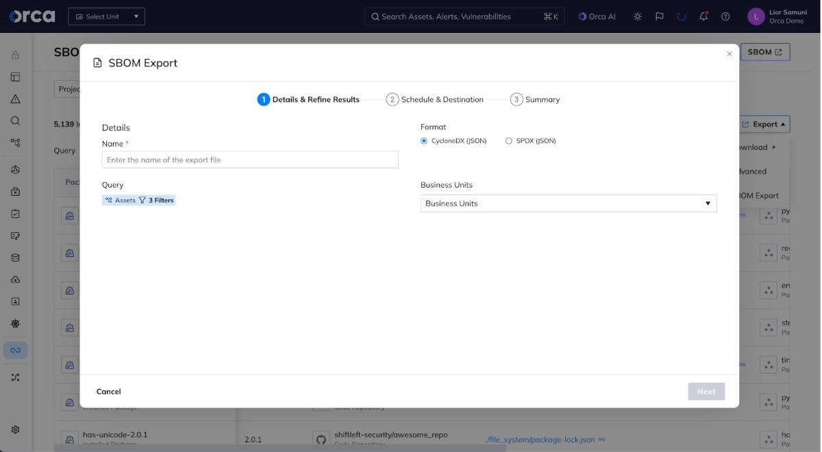 A screenshot of the Orca platform allowing users to customize and export SBOM reports