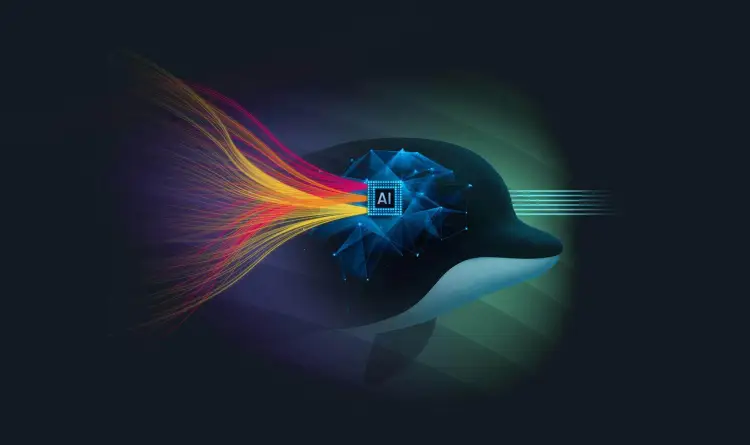 A stylized image of a dolphin with an AI-powered brain