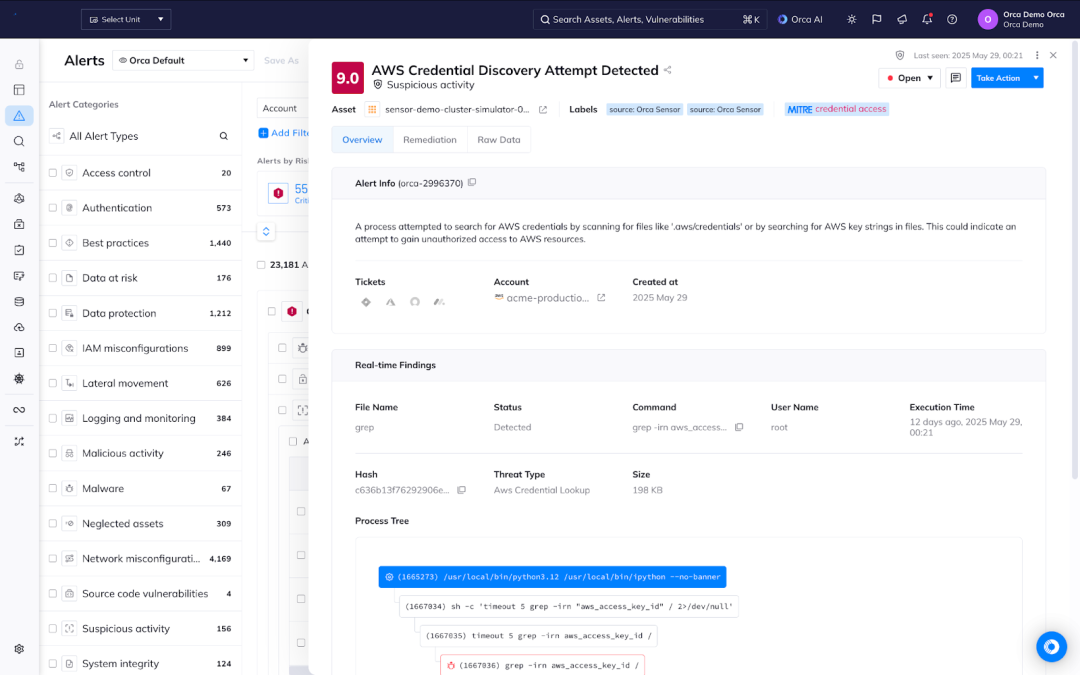 A screenshot of the Orca platform alerting you to suspicious activity noticed by Orca AI