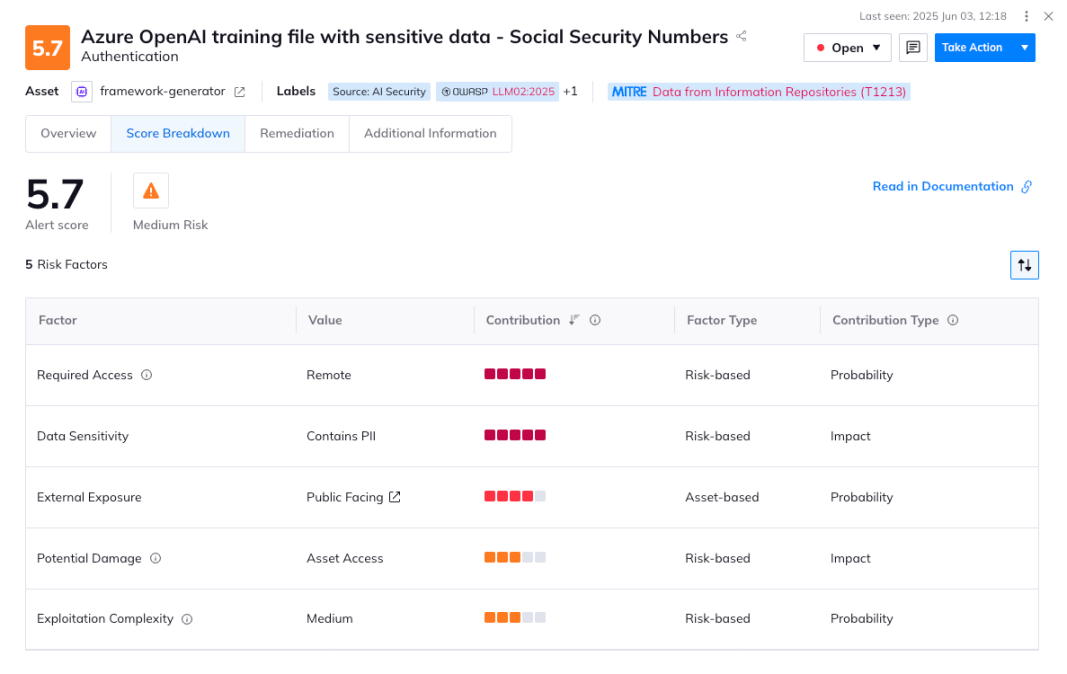 A screenshot of an Orca platform alert displaying sensitive data found in Azure Open AI training data
