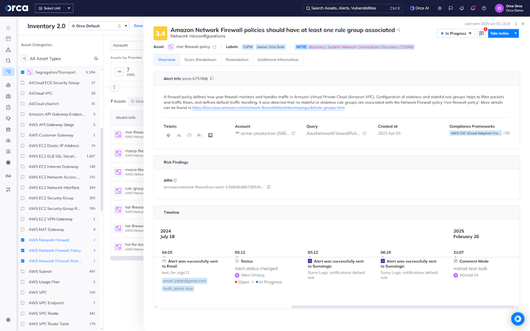 A screenshot of the Orca platform prioritizing alerts related to AWS Network Firewall assets