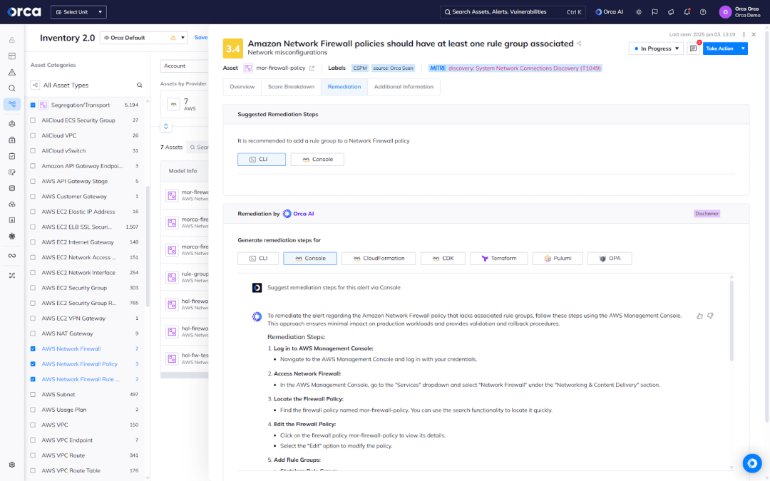 A screenshot of the Orca platform providing AI-driven options for fast and flexible risk remediation