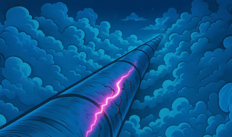 A stylized graphic of a pipeline in the clouds being attacked by lightning