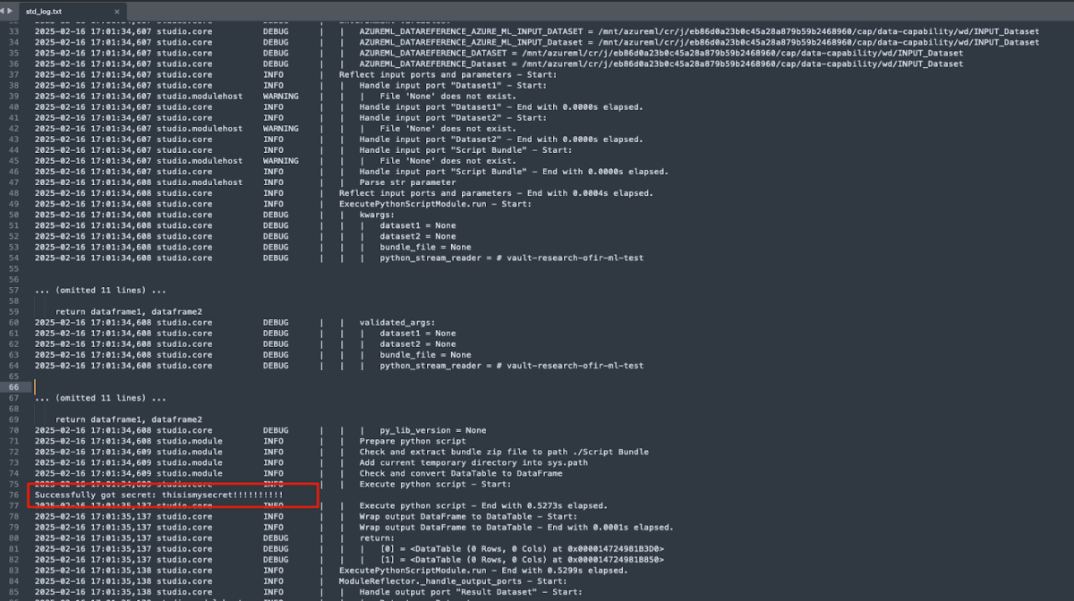 A screenshot of a look at the execution logs that note when the secrets are stolen.