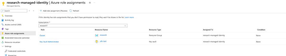 A screenshot of how to create a role with admin permissions for a key vault