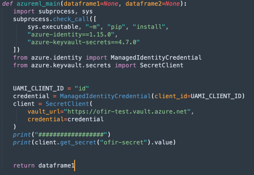 A screenshot of code used to take advantage of the managed identity and access the key vault