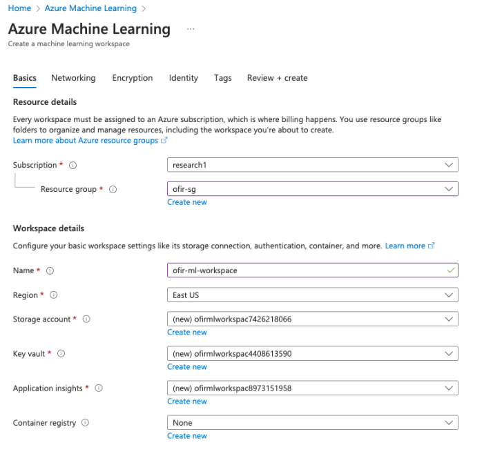 A screenshot displaying how to create a new Azure Machine Learning workspace
