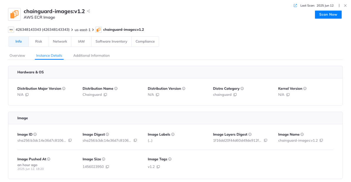 A screenshot from the Orca platform displaying metadata from container images distributed by Chainguard OS.