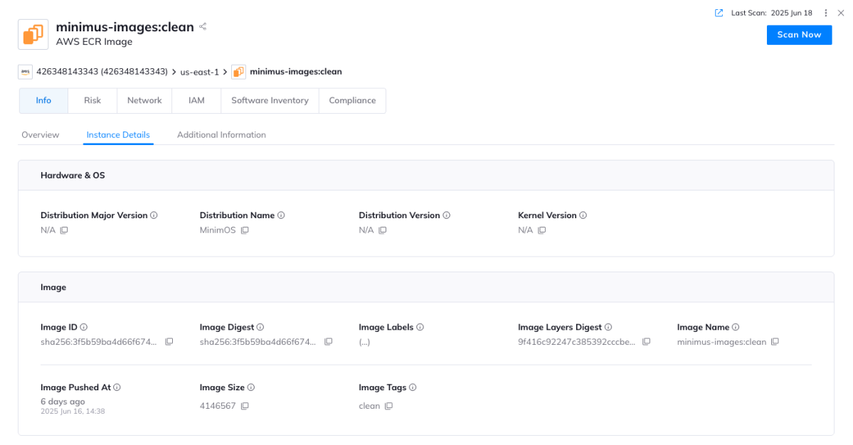 A screenshot from the Orca platform displaying a container image distributed by MinimOS