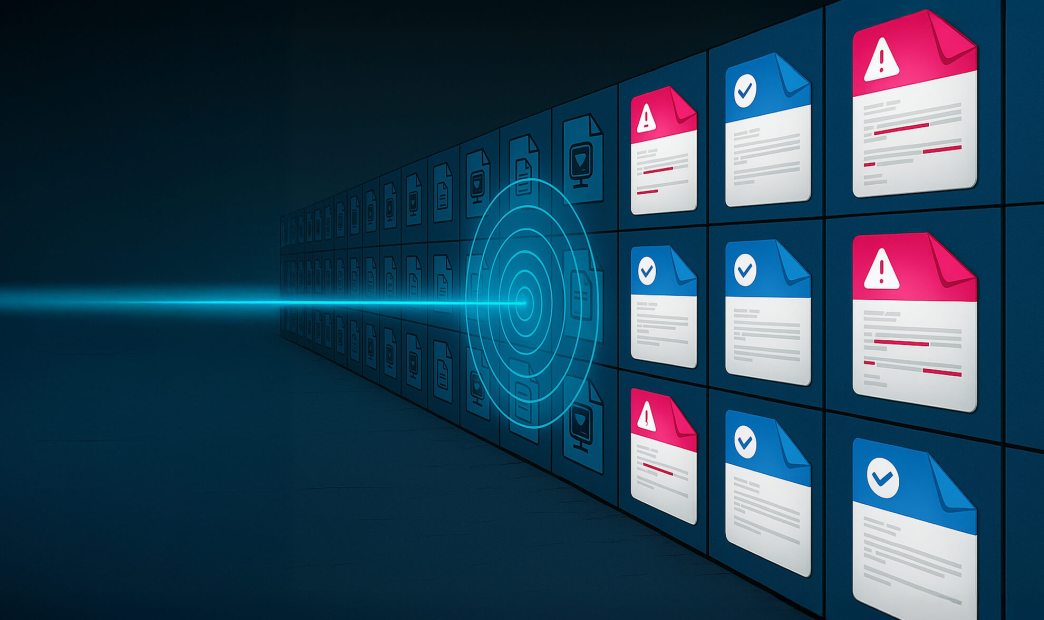 A stylized graphic of sensitive data being scanned