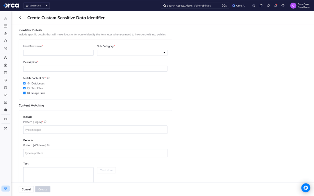 A screenshot of the Orca platform setup for custom sensitive data identifiers