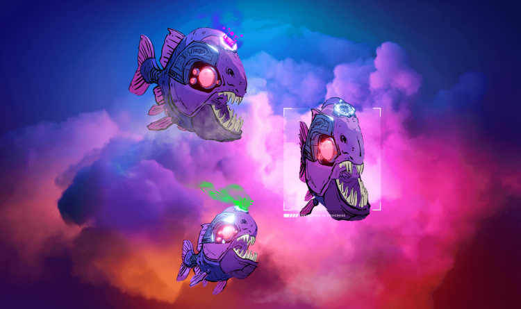 A stylized graphic of piranhas in a digitized cloud environment