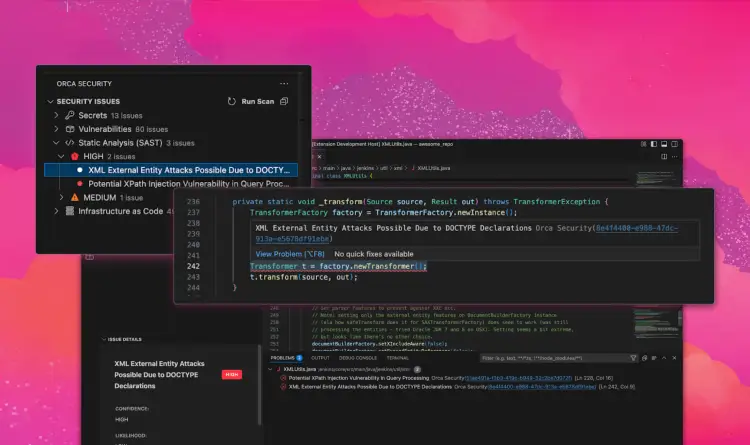 A compilation of screenshots from the Orca VS Code IDE extensions on a stylized background