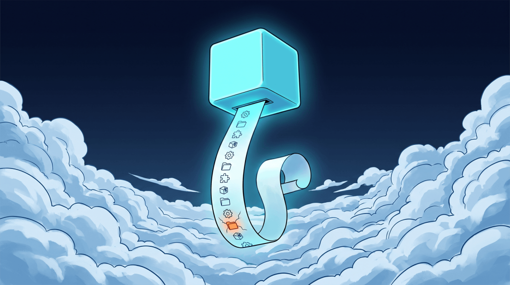 Digital illustration of a floating cyan cube dispensing an SBOM scroll with component icons, highlighting a cracked orange vulnerable dependency.