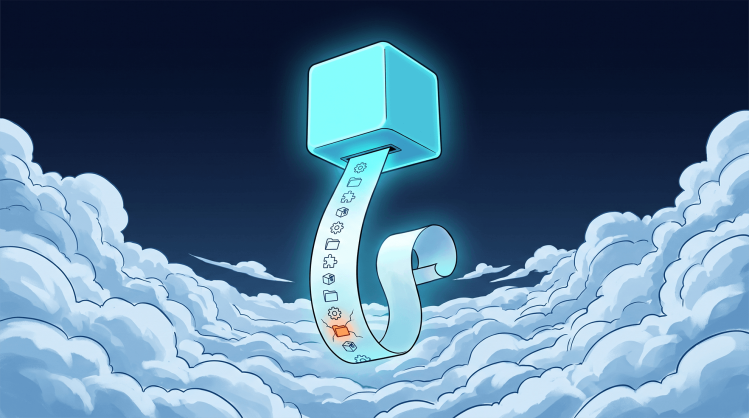 Digital illustration of a floating cyan cube dispensing an SBOM scroll with component icons, highlighting a cracked orange vulnerable dependency.