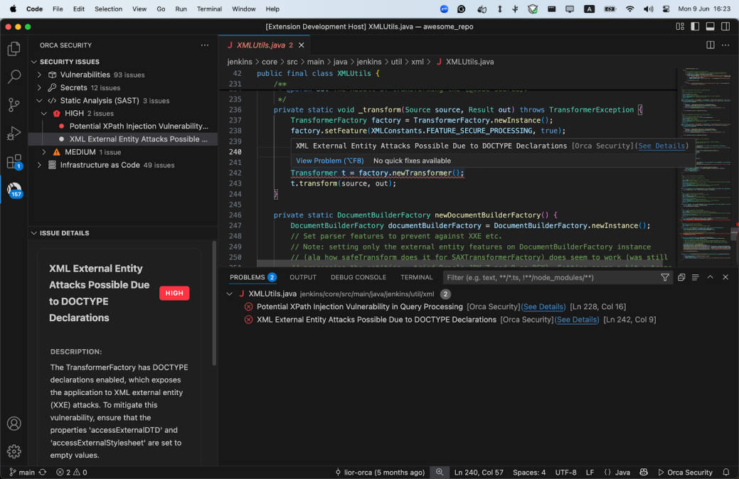 A screenshot of the Orca VS Code extension surfacing security findings directly where developers are working