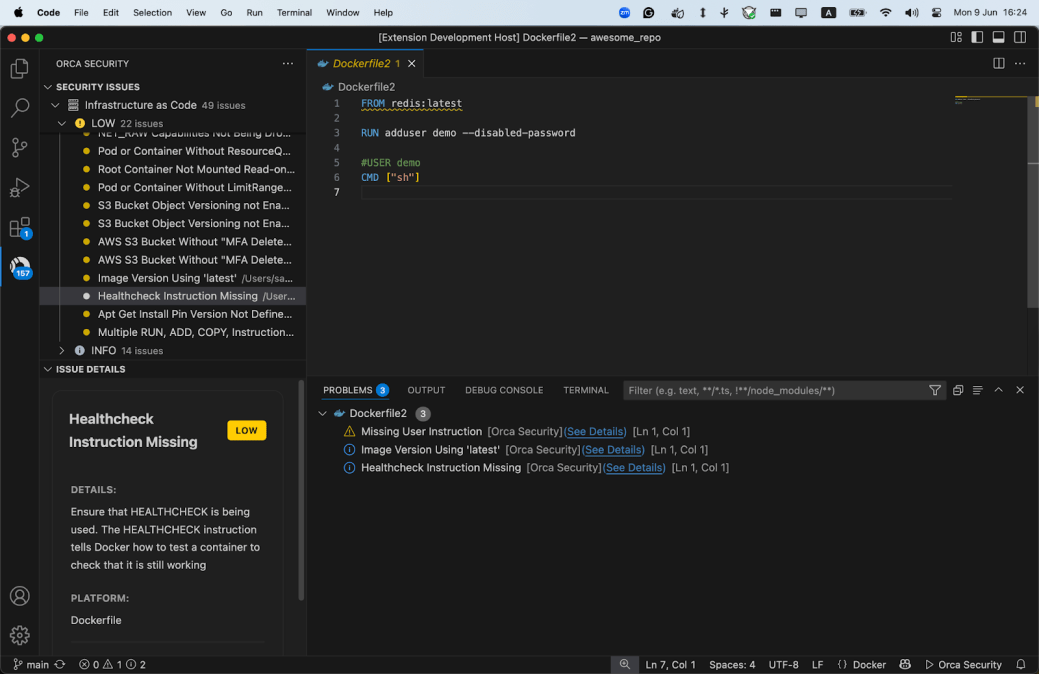 A screenshot of the Orca VS Code IDE extensions providing developers with security findings via inline annotations and the problems panel for full context