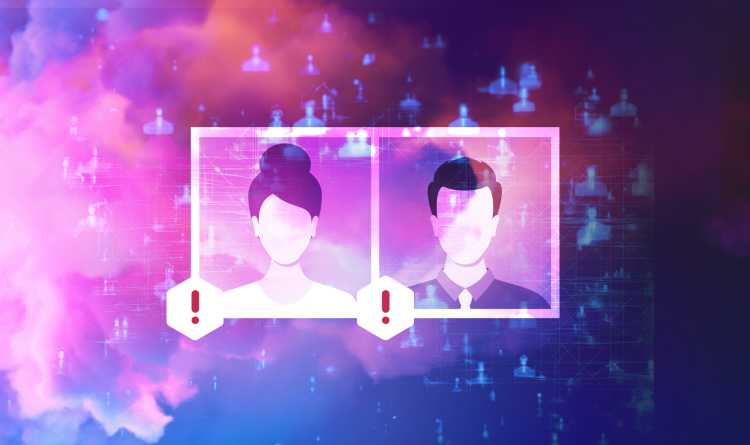 A stylized graphic of two faces non-descript faces, a male and female, with warning icon beside each
