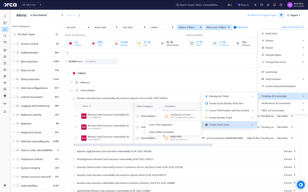 A screenshot of the Orca platform showing that Linear is an option to send alert information back to Orca