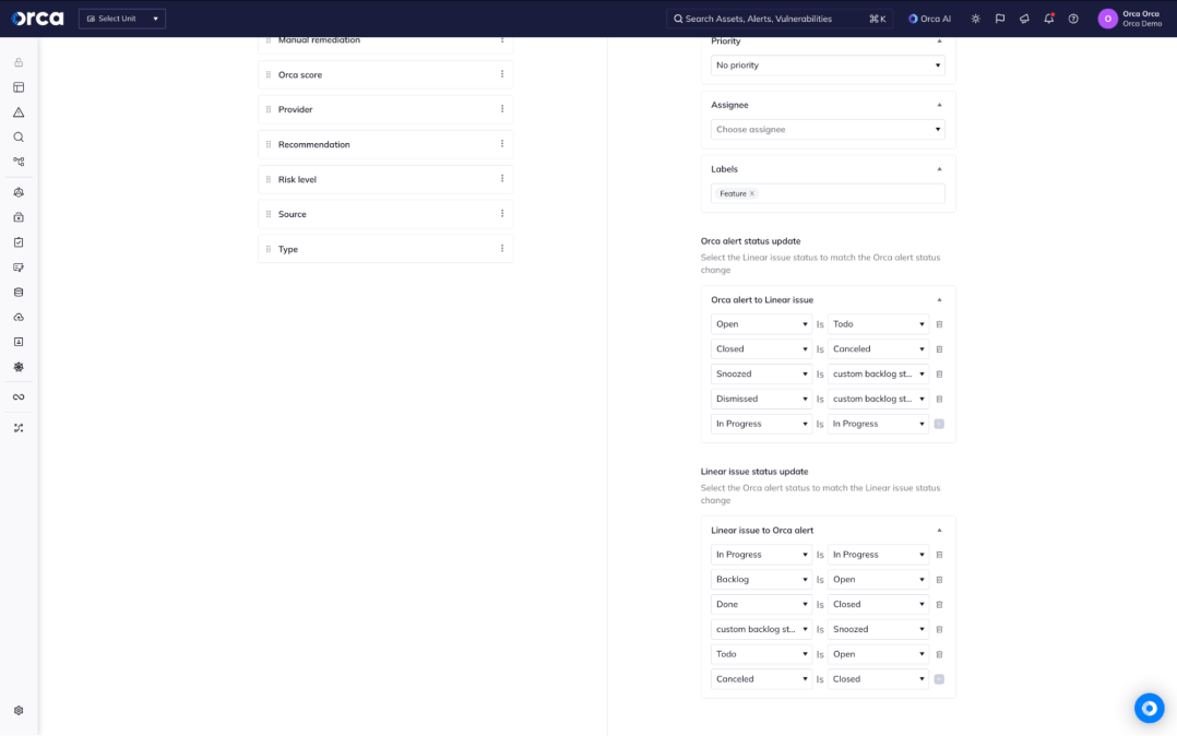 A screenshot of the Orca platform showing settings to automatically update the status of a Linear alert