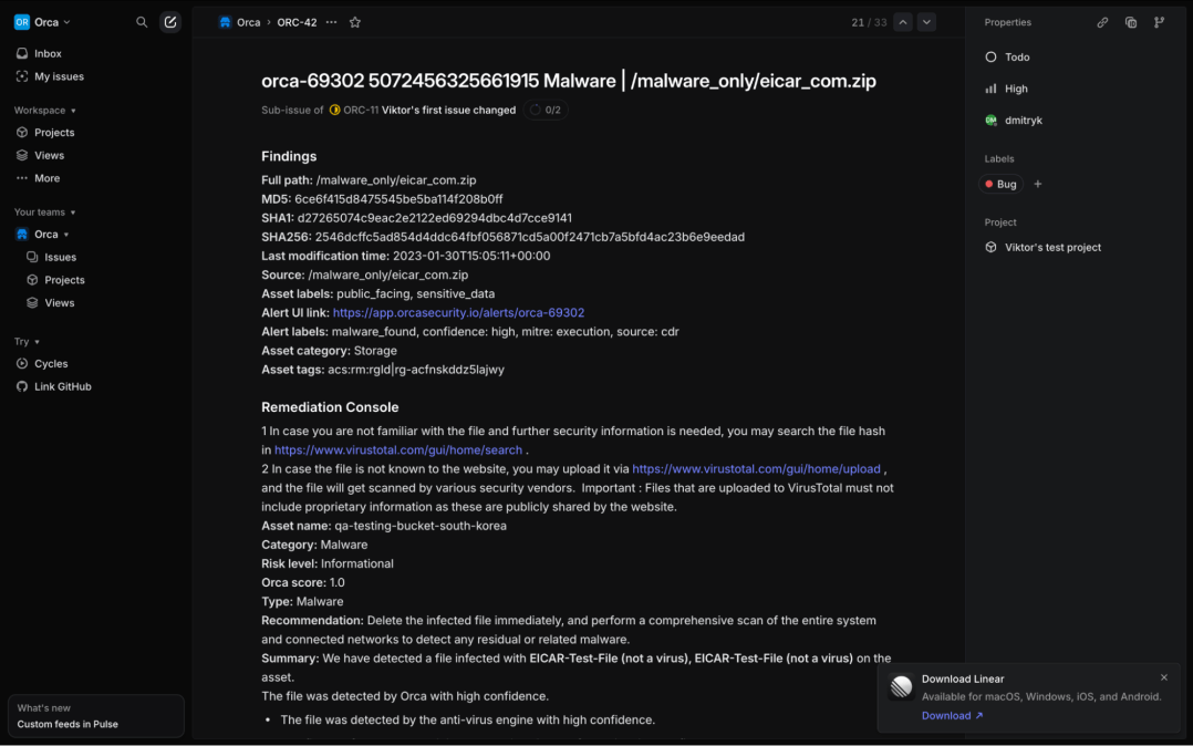 A screenshot of the Linear platform with an example of how an issue looks when it's automated from the Orca platform