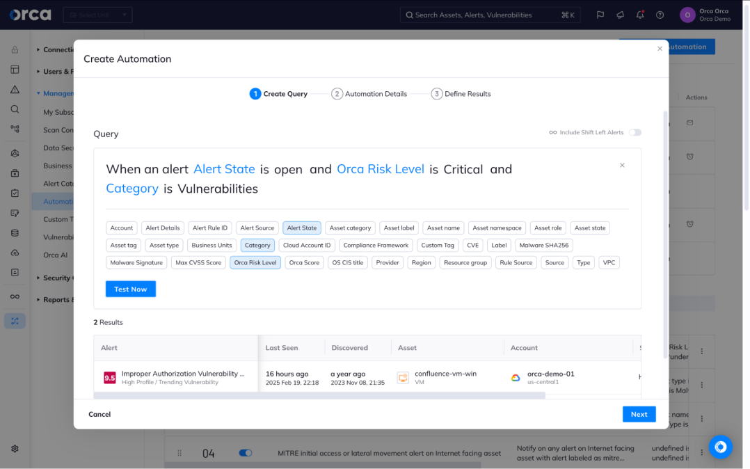 A screenshot of the Orca Platform where admins can set up an automation to create a Linear issue.