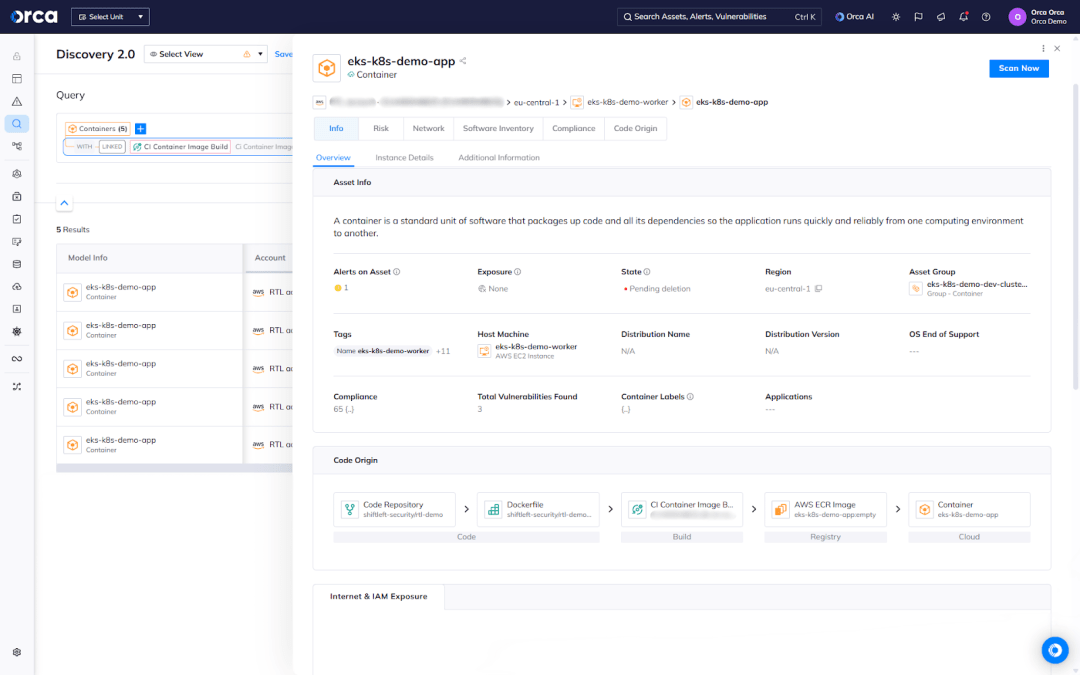 A screenshot of the Orca platform showing teams how to trace running containers back to their originating code repository