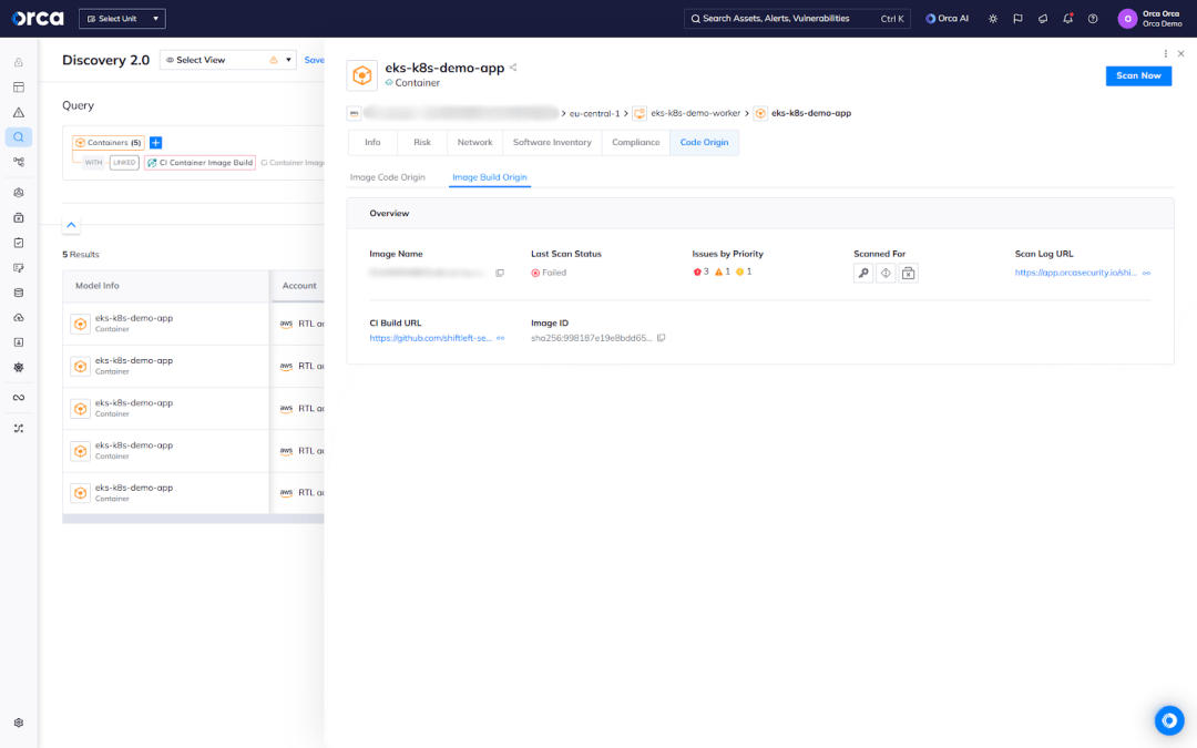 A screenshot of the Orca platform showing the build origin of a container image