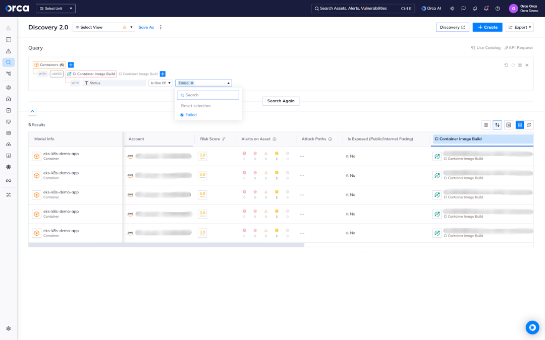 A screenshot of the Orca platform Discovery view where users can search for running containers originating from CI images that failed their last scan