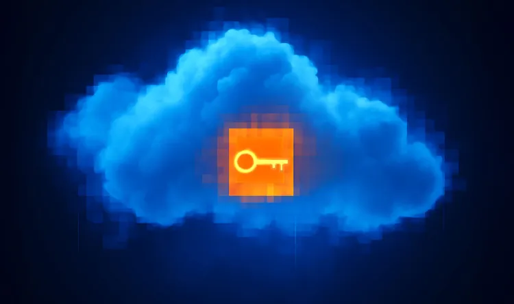 A stylized graphic a key icon superimposed on an image of a cloud