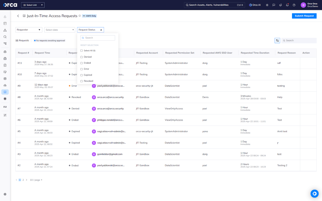A screenshot of the Orca platform allowing admins to centrally manage JIT access requests