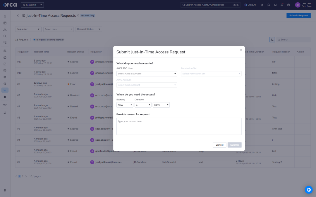 A screenshot of the Orca platform allowing users to request JIT access directly or via two-way integration with Slack