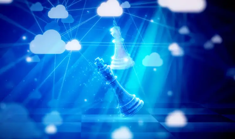 A stylized graphic of chess pieces shining in a light surrounded by connected clouds