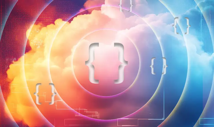 A stylized graphic of code brackets scattered over a colorful cloud background