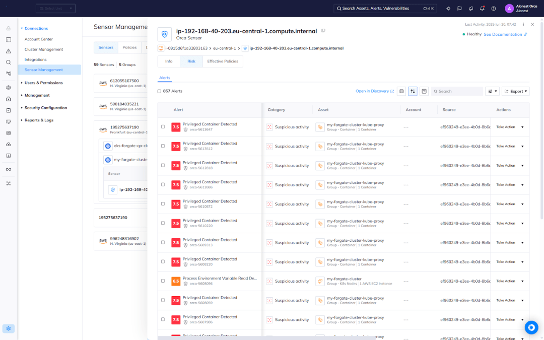 A screenshot of the Orca platform leveraging the Orca Sensor to provide full, real-time visibility, monitoring, and detection for serverless containers