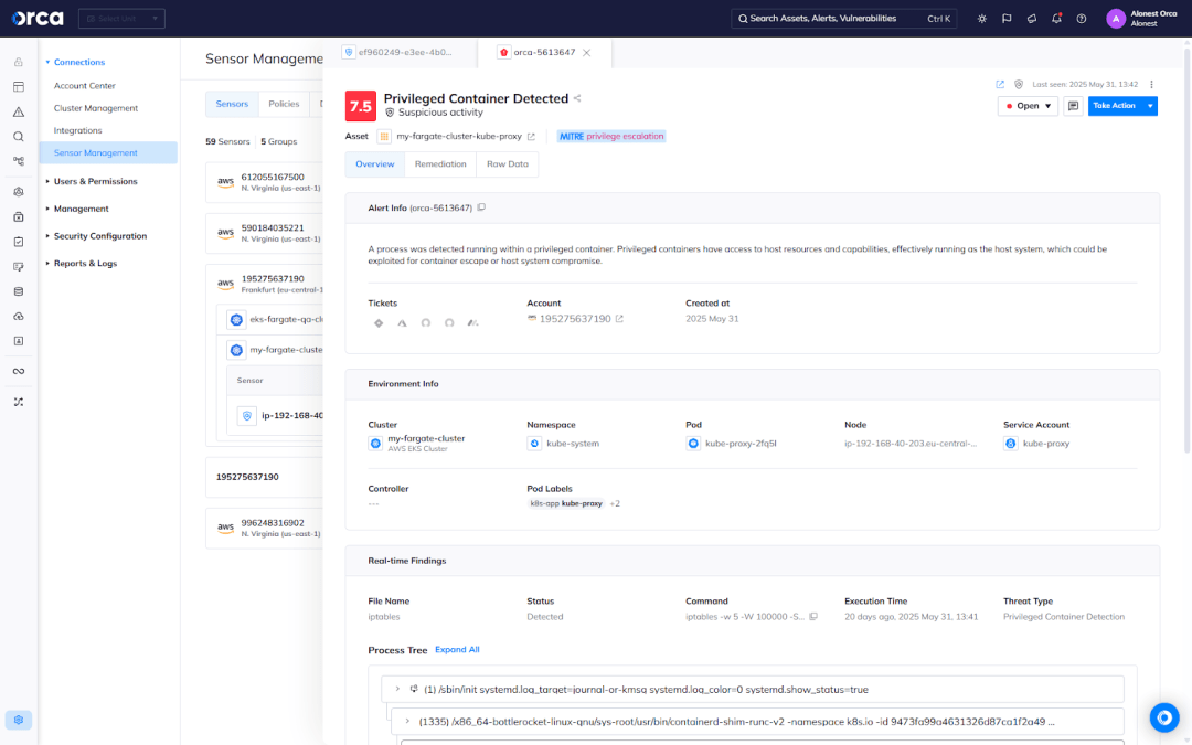 A screenshot of the Orca platform sensor providing real-time alerting of potentially active serverless threats