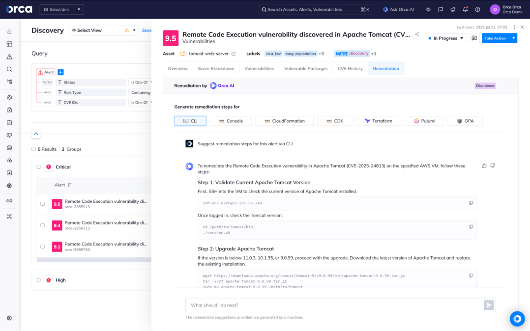 A screenshot of the Orca platform providing remediation recommendations via Orca AI