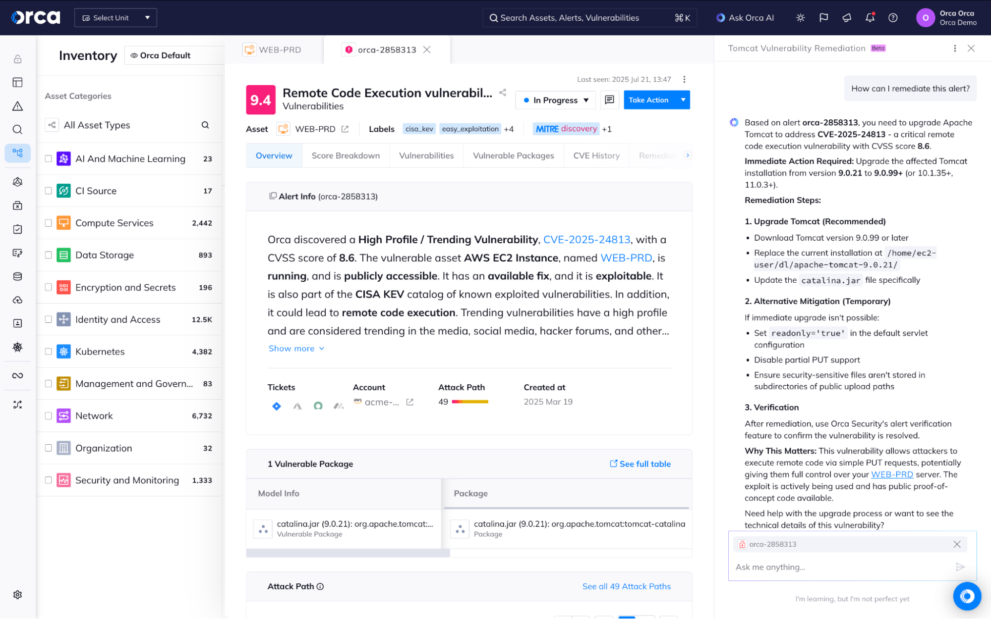 A screenshot of the Orca platform providing context into a vulnerability powered by Orca AI