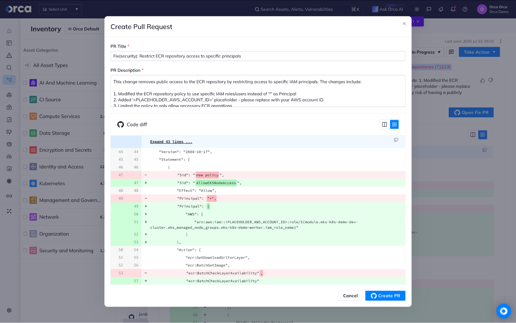 A screenshot of the Orca platform allowing users to create pull requests for their repositories directly through the platform
