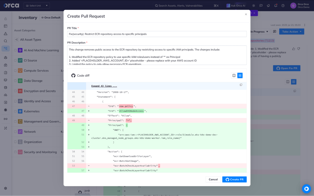A screenshot of the Orca platform allowing users to create pull requests for their repositories directly through the platform