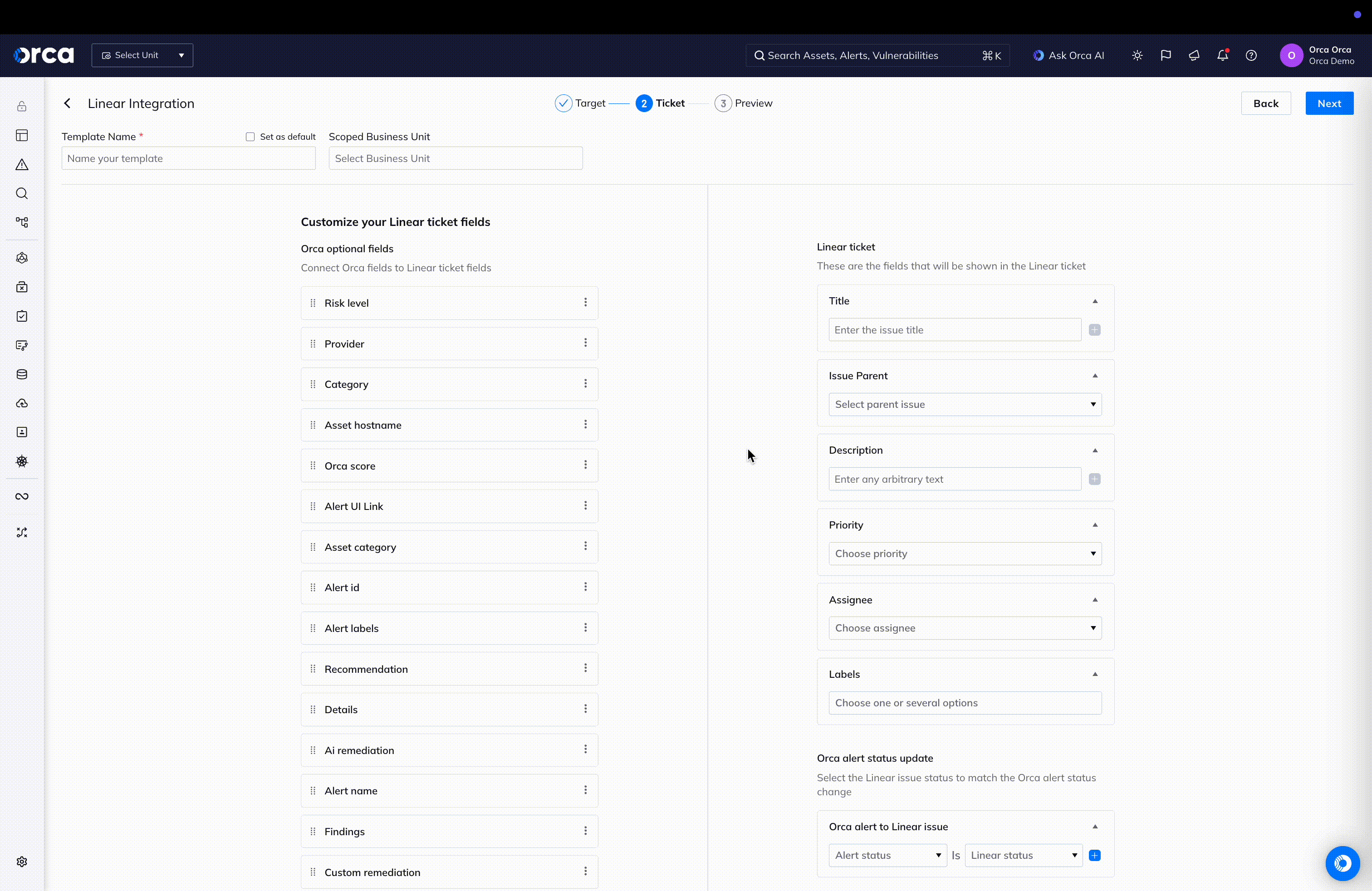 Set up a template to deliver the right data from Orca into a Linear issue.