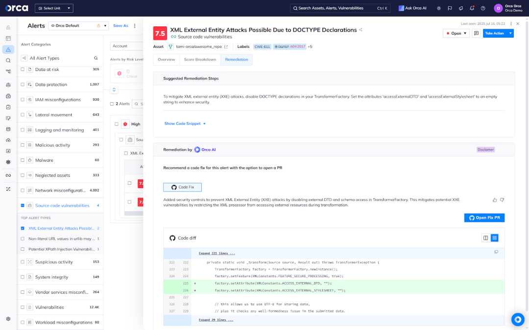 Screen capture of a high-severity alert in the Orca Platform, the option to generate an AI code fix and open a one-click pull request
